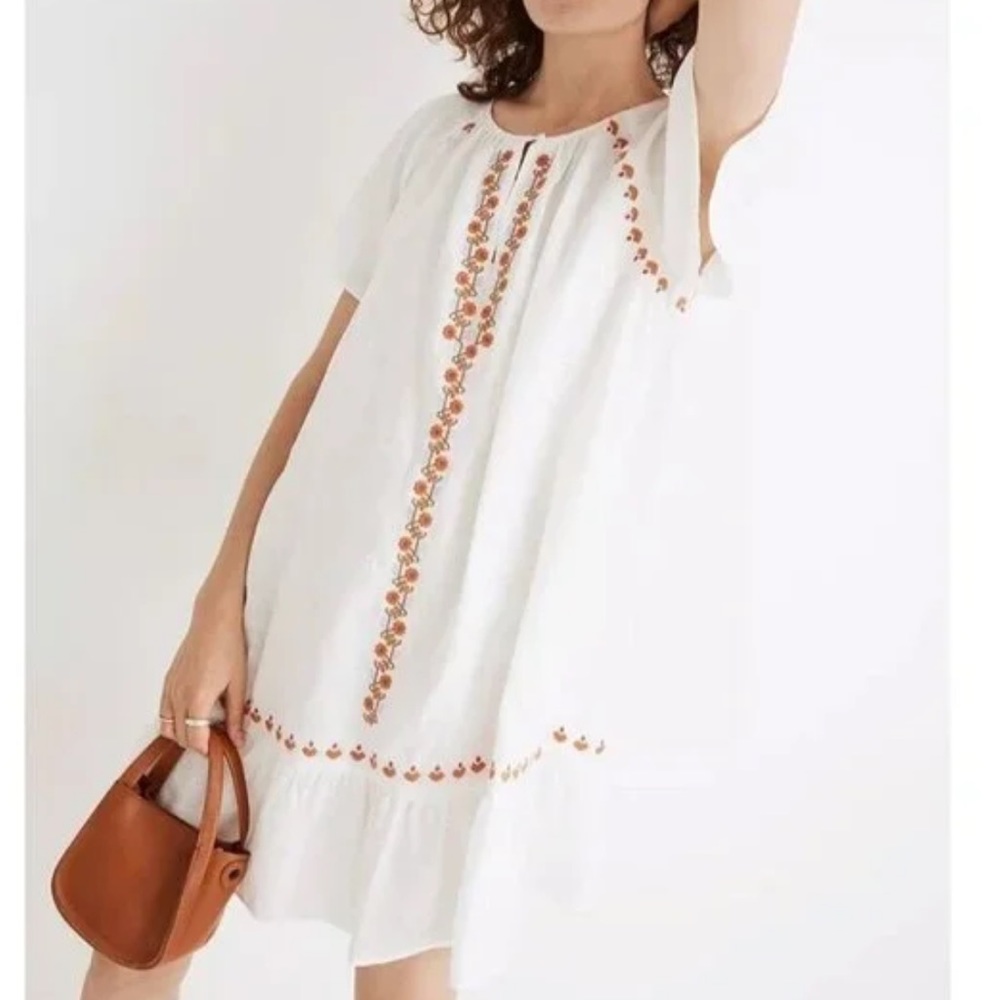 Madewell Embroidered Linen-Blend Raglan Ruffle Mini Dress A0275 Size Small
